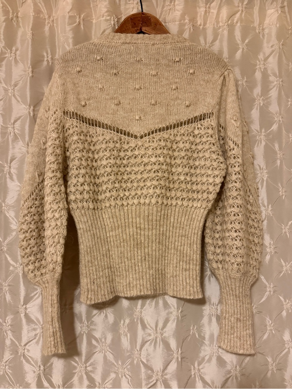 ROUJE Paris Sylvie Knit Jumper Sweater Cream Beige Oatmeal Pointelle Puff Sleeve - Picture 5 of 11
